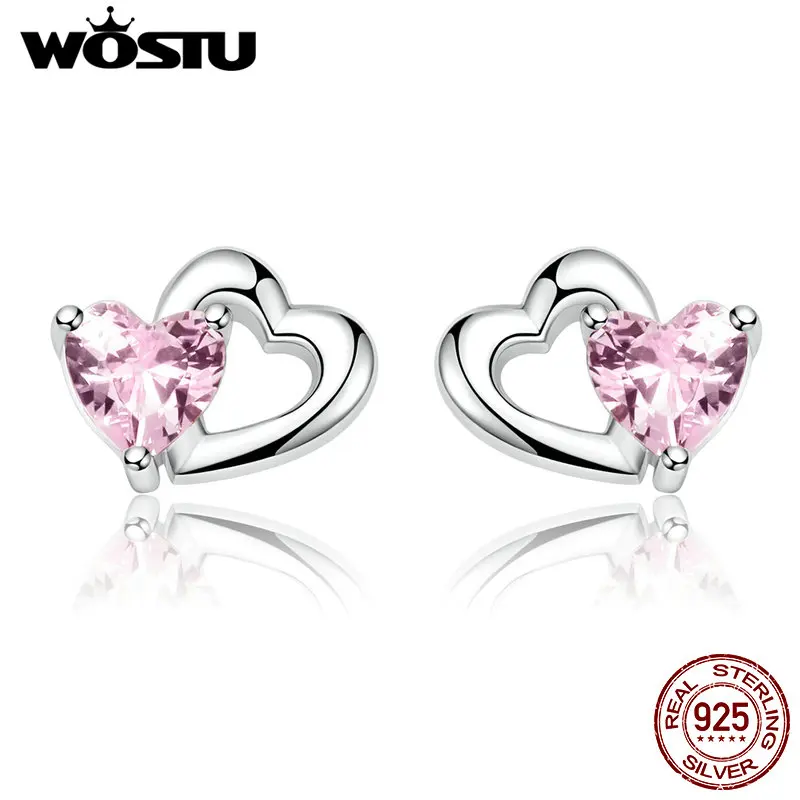 Женские серьги пусеты WOSTU из серебра 925 пробы с двойным сердечком розовый цвет