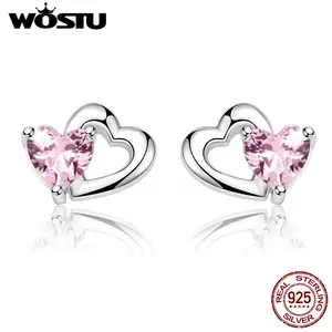 Женские серьги-пусеты WOSTU, из серебра 925 пробы с двойным сердечком, розовый цвет, CQE090