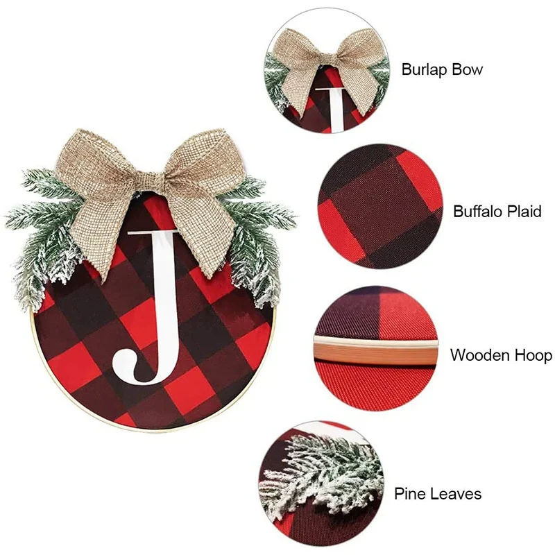 

Christmas Ornaments Joy Sign Buffalo Check Plaid Wreath for Front Door Rustic Burlap Festival Decor for Window Wall Farmhouse S1
