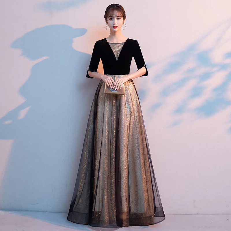 

Half Sleeves Evening Dress Elegant Ruched A-Line Sequins Simple Empire Floor-Length Lace V-Neck Woman Formal Party Gowns A876