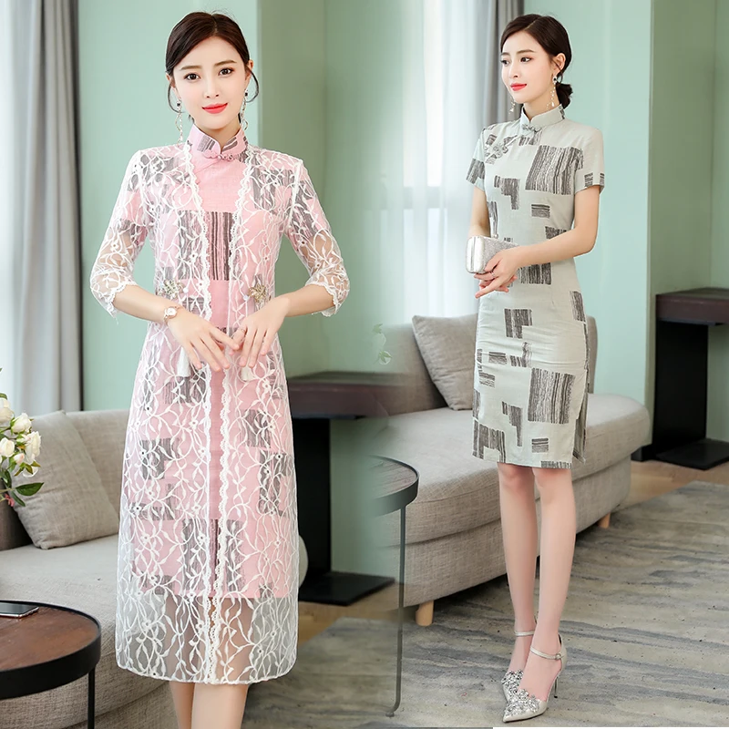 Улучшенное розовое хлопковое и льняное платье cheongsam Новая мода ретро элегантное тонкое платье в китайском стиле