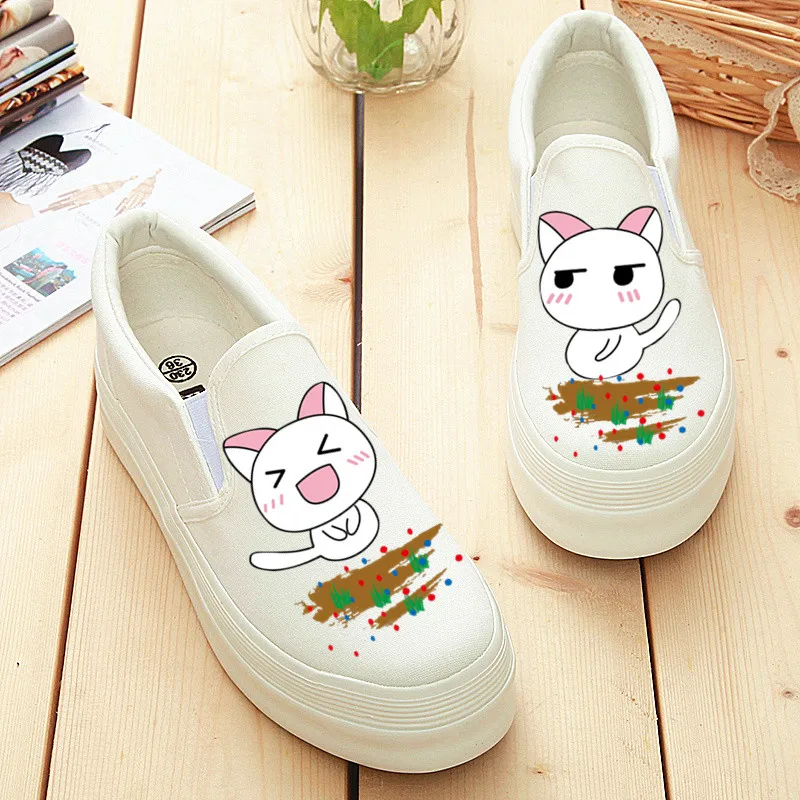 Туфли женские холщовые на платформе с ручной росписью без застежки белые