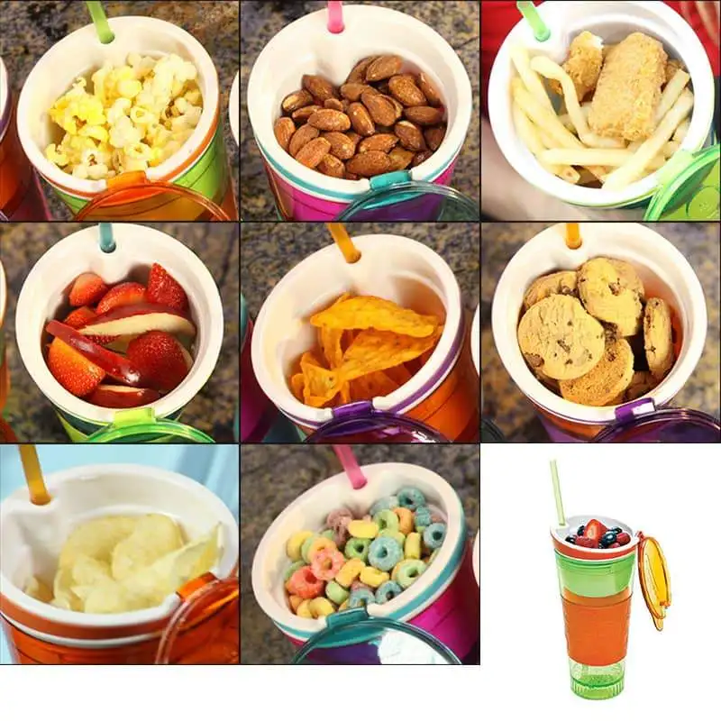 

2 in 1 Snack & Drink Cup Portable Plastic Reusable Personalized Drinkware Shiny Drinking Cup With Straws Lid