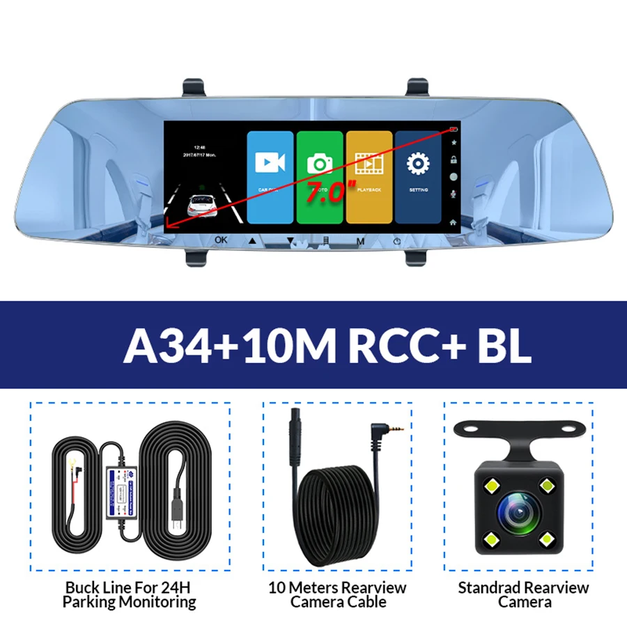 A34-10M RCC-BL E-ACE Автомобильный видеорегистратор FHD 1080P зеркало заднего вида g-сенсор видеорегистратор ночного видения видеорегистратор Двойной объектив Автомобильная камера с объективом заднего вида - Название цвета: A34-10M RCC-BL