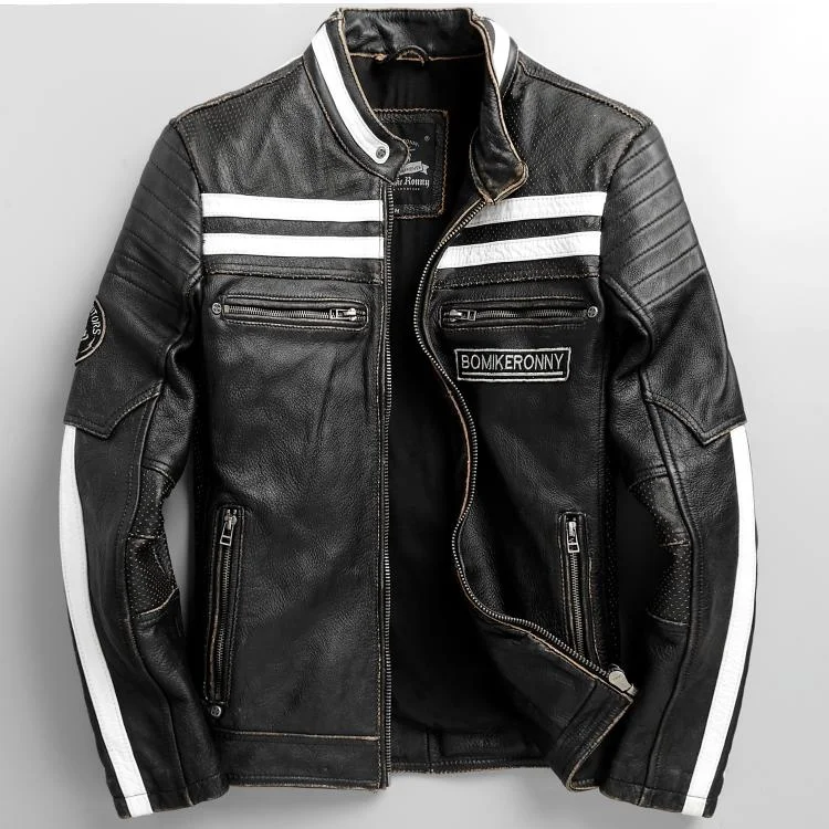 

Leather embroidered leather clothes men's slim fit short white stripe motorcycle men's jacket motorcycle clothes stand collar