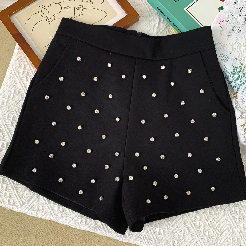 

Unua amo Black White Summer Shorts Women Korean Style Fashion Wild Diamond Decoration High Waist Wide Leg Casual Shorts Female