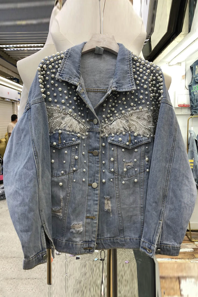 

Women Jean Denim Jacket 2021 Spring New Rhinestone Beaded Pearl Loose Denim Jackets Girls Lady Cowboy Top Students Casual Coats