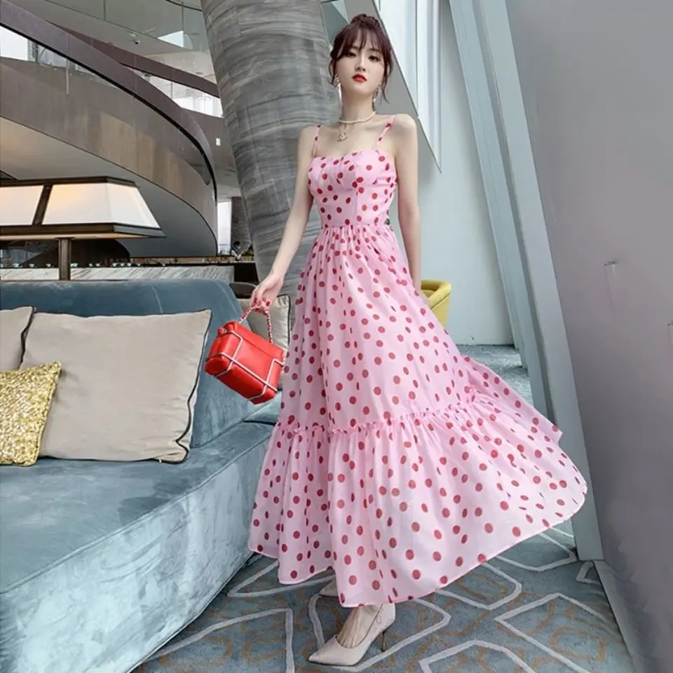 

Women Dress Dot Print Pink Dresses Summer Sexy Dress Spaghetti Strap Ruched Floral Vestidos Korean Style Sleeveless Long Dress