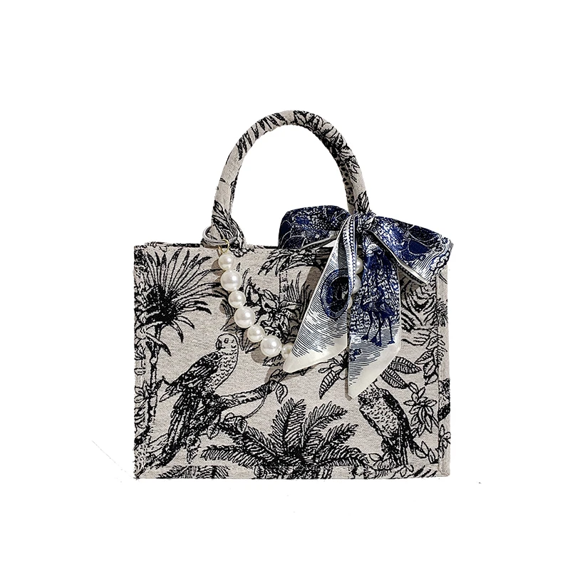 

Pearl Handle Canvas Small Crossbody Bags for Women 2021 Summer Fashion Branded Trendy Luxury Shoulder Handbags Landscape Map