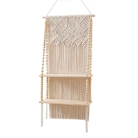 bohemian style hand woven wall hanging tapestry wood shelf planter basket 2 tier hanging rack art wall shelves macrame decor