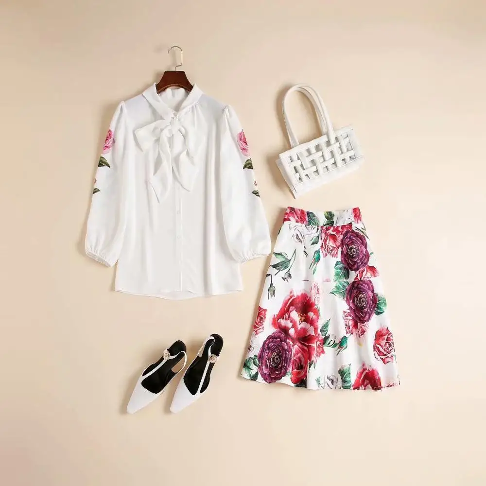 

2020 Summer Fashion 2 Piece High Quality Women Bow Collar Rose Flower White Shirts+Vintage Jacquard Print Skirt Set