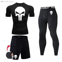men skull compression set mma short sleeve t shirt mens sport tights pants fitness bodybuilding clothes work out running suit