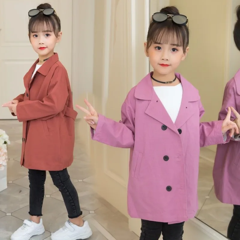 Осенний тренчкот для девочек детская ветровка однотонная одежда детские пальто