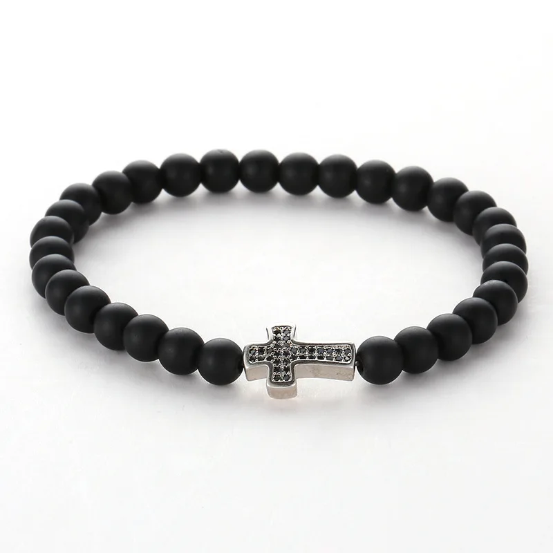 

6mm Classic Matte Black Stones Beads Bracelets & Bangles Pave CZ cross manual Bracelets for Lovers His And Hers Jewelry Handmade