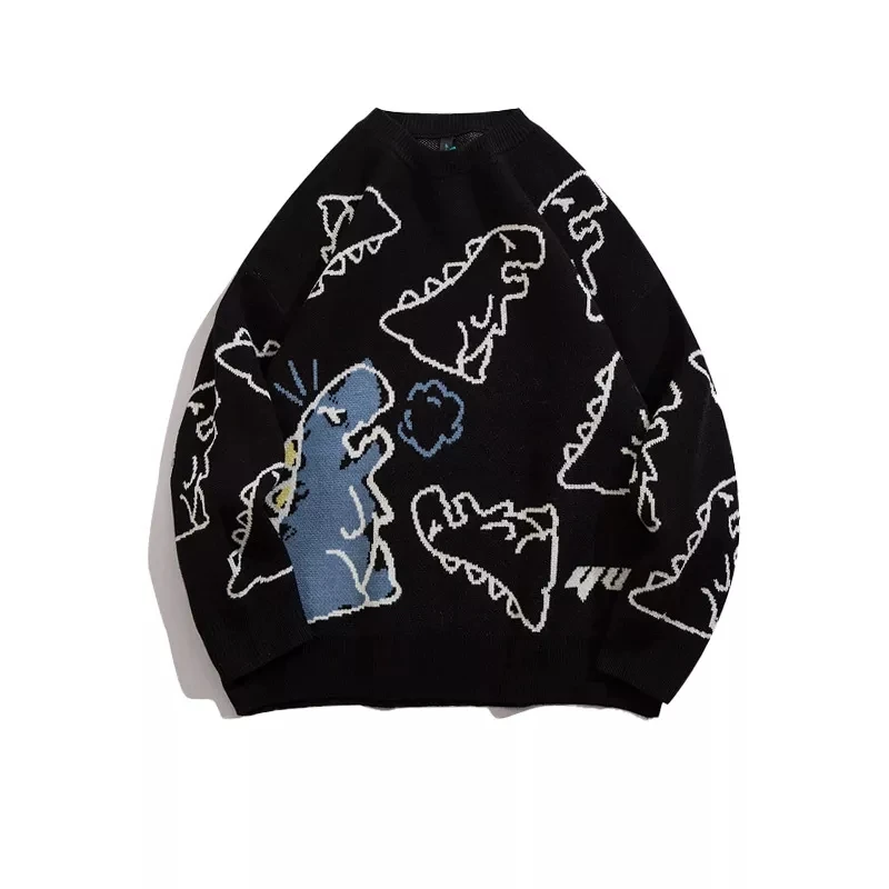 

FOJAGANTO Sweater Men Harajuku Knitted Hip Hop Streetwear Dinosaur Cartoon Pullover O-Neck Oversize Couple Casual Men's Sweaters