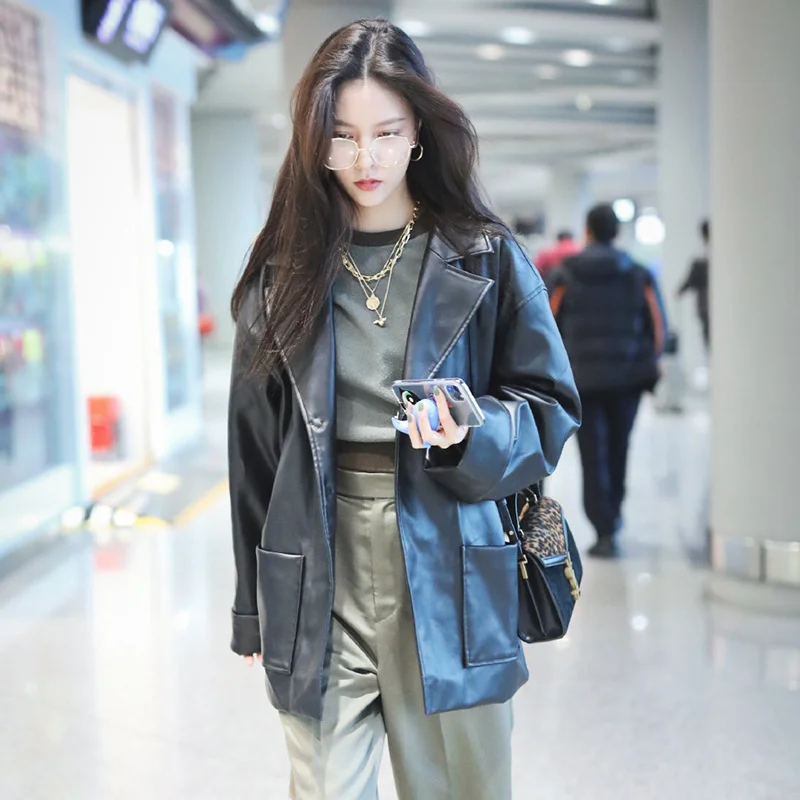 

Star CC song Yanfei airport same black large pocket suit leather jacket women's loose sheepskin jacket