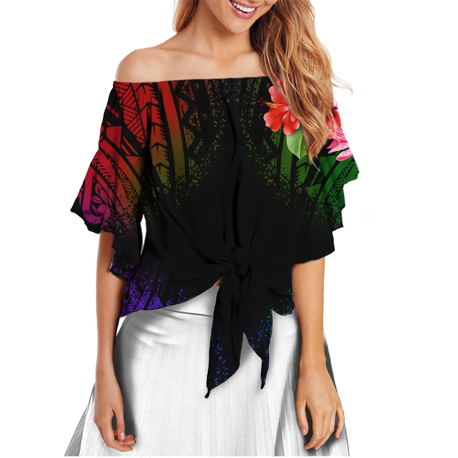 

Hawaii Plumeria Orange Ladies Chiffon Tops or Blouse Women Off Shoulder T Shirt for Women Summer Sexy Woman Tie Knot Front Tops