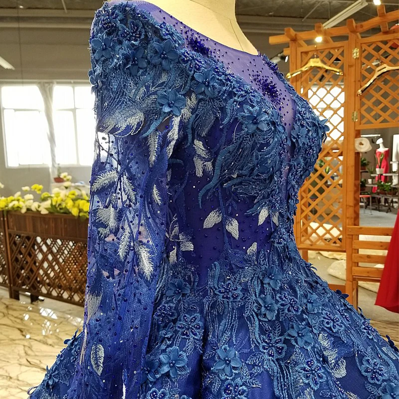 LS24788 Royal Blue Floor Length Puffy Evening Dress 2021 O-Neck Long Tulle Sleeves Women Occasion Gowns