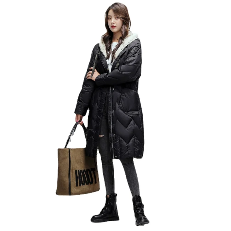 Down jacket women's middle and long style 2020 winter Korean version loose and thin white duck down thickened warm over the knee