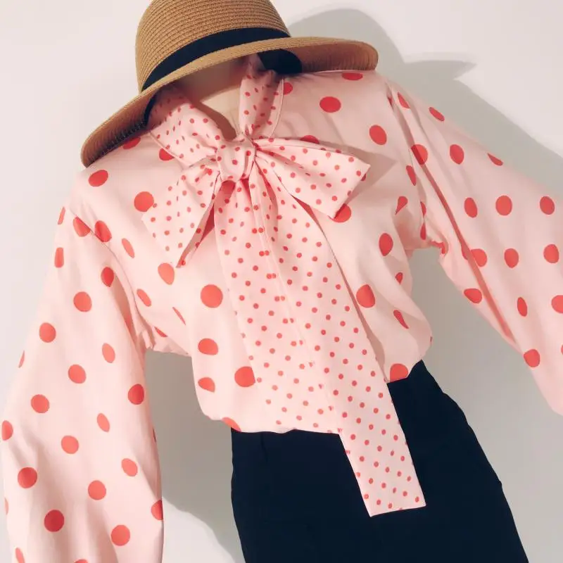 

Autumn Women Blending Polka Dot Long Lantern Sleeve Drawstring Bowknot Blouse Shirt Ladies Urban Retro Elegant Suits Euro Shirts