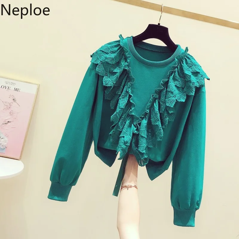 Neploe короткие толстовки с круглым вырезом и длинным рукавом Элегантная кружевная