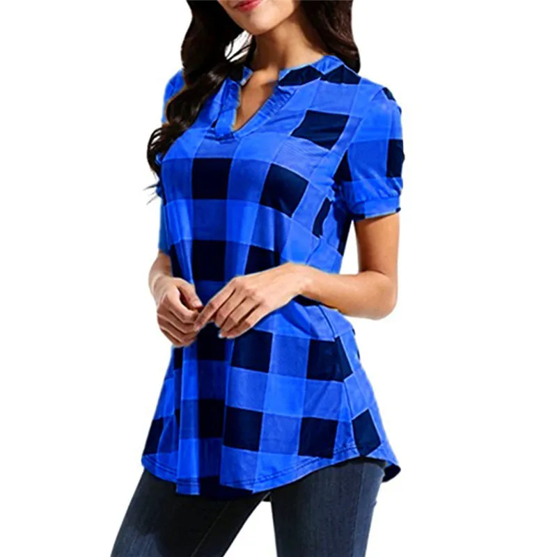 

Women Shirts Plaid Printed V-Neck Short Sleeve Loose Large Size Trend Elegant Noble Vogue Summer Blouse Shirts 4 Color