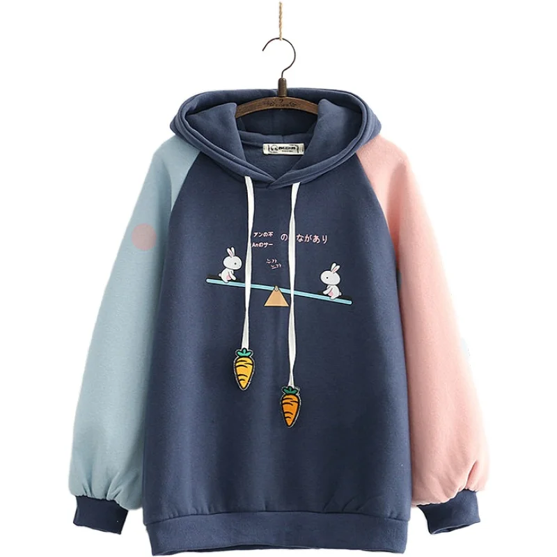 Women's Harajuku Cute Hoodies 2020 Autumn Winter Plus Velvet Thick Color-Blocking Sleeve Sweatshirt Cute Rabbit Print Pullovers