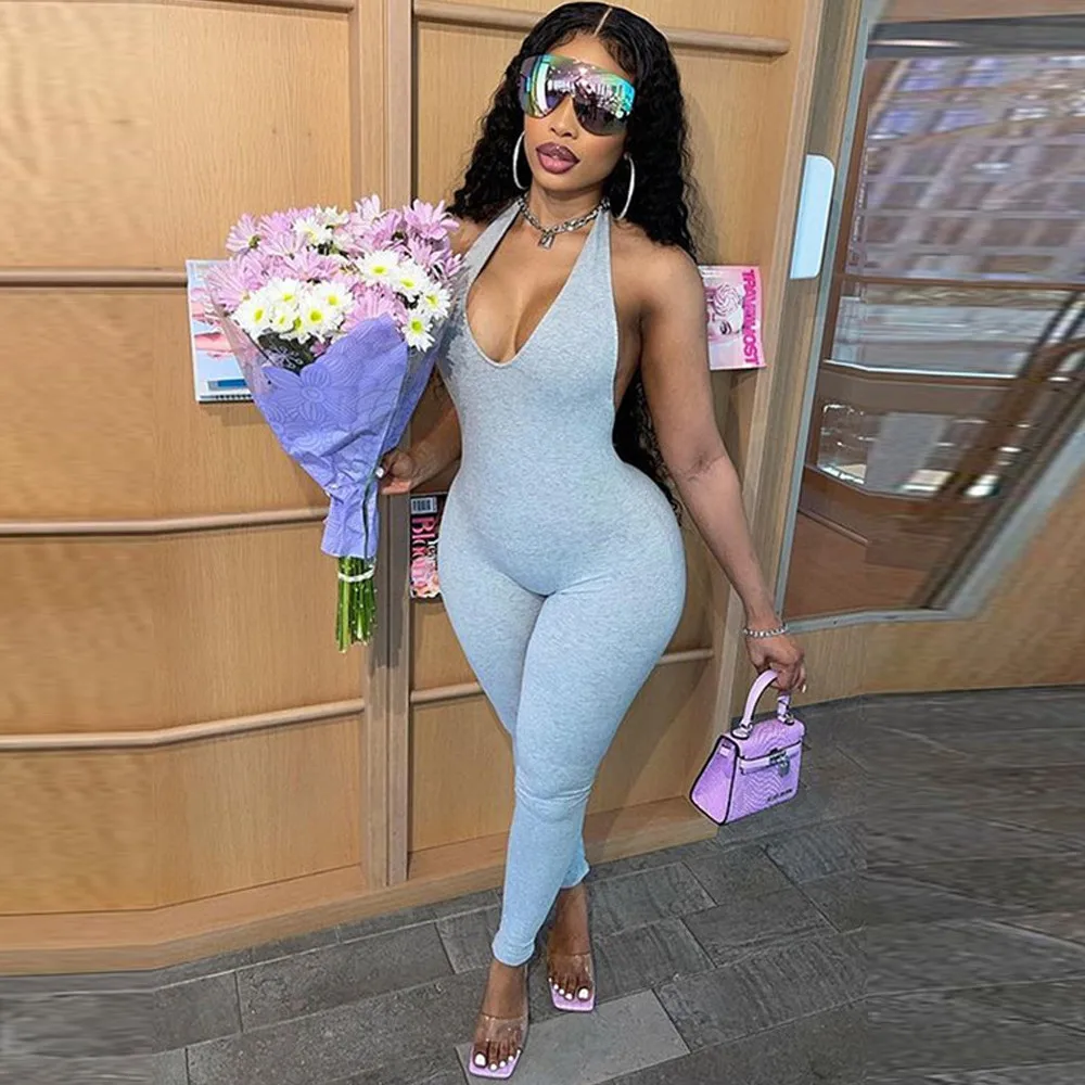 

Black/grey/brown Halter Backless One Piece Overall for Women Off Shoulder Sleeveless Sport Romper Sexy Party Clubwear Jumpsuits