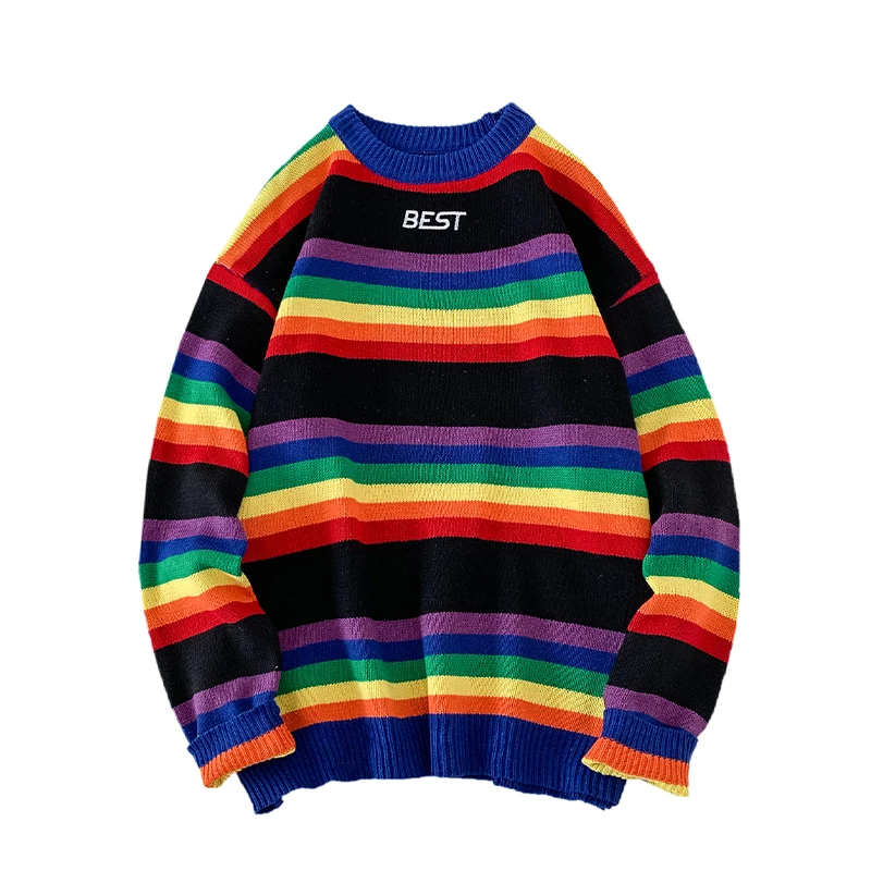 

Jumper Sweater Men Women 2020 Winter Korean Hipster Knit Pullover Rainbow Striped Harajuku Tops Clothing Brandy Cute Costume Hot