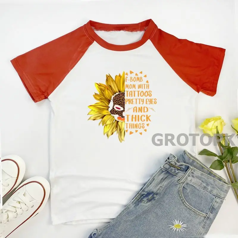 

Sunflower F Bomb Mom with Tattoos Graphic Print T-shirt Women 2022 Summer Fashion Tee Female Harajuku Aesthetic Cool Top Women