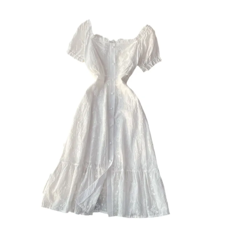 

FTLZZ New Summer A Line Square Collar Puff Sleeve Single Breasted Women Dresses Casual Solid Slim Short Lady Dress