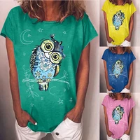 summer new ladies t shirt owl print loose short sleeved t shirt round neck pullover casual ladies top
