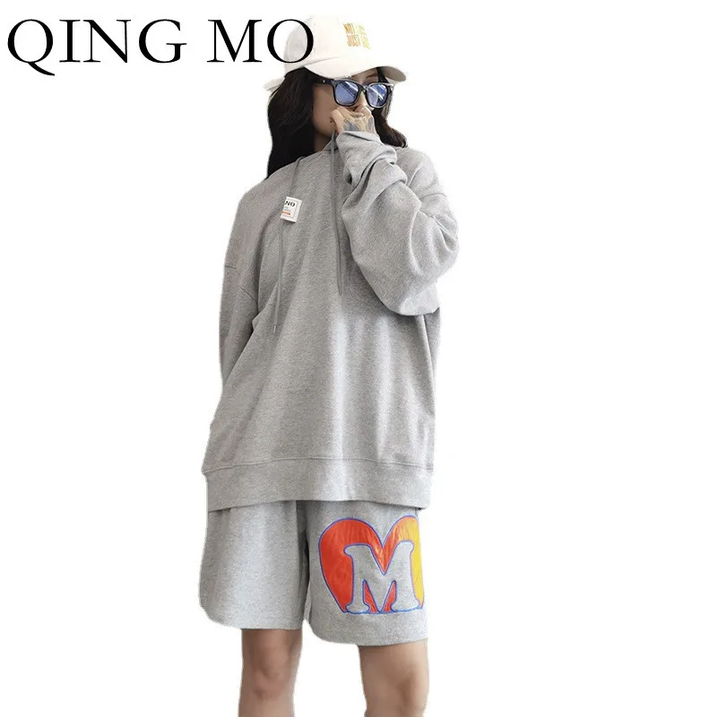 

QING MO Autumn Fashion Casual Long sleeved Hooded Sweatshirt Women Loose And Thin 2021 New Trend Pullover Sweatshirt Gray ZWL652