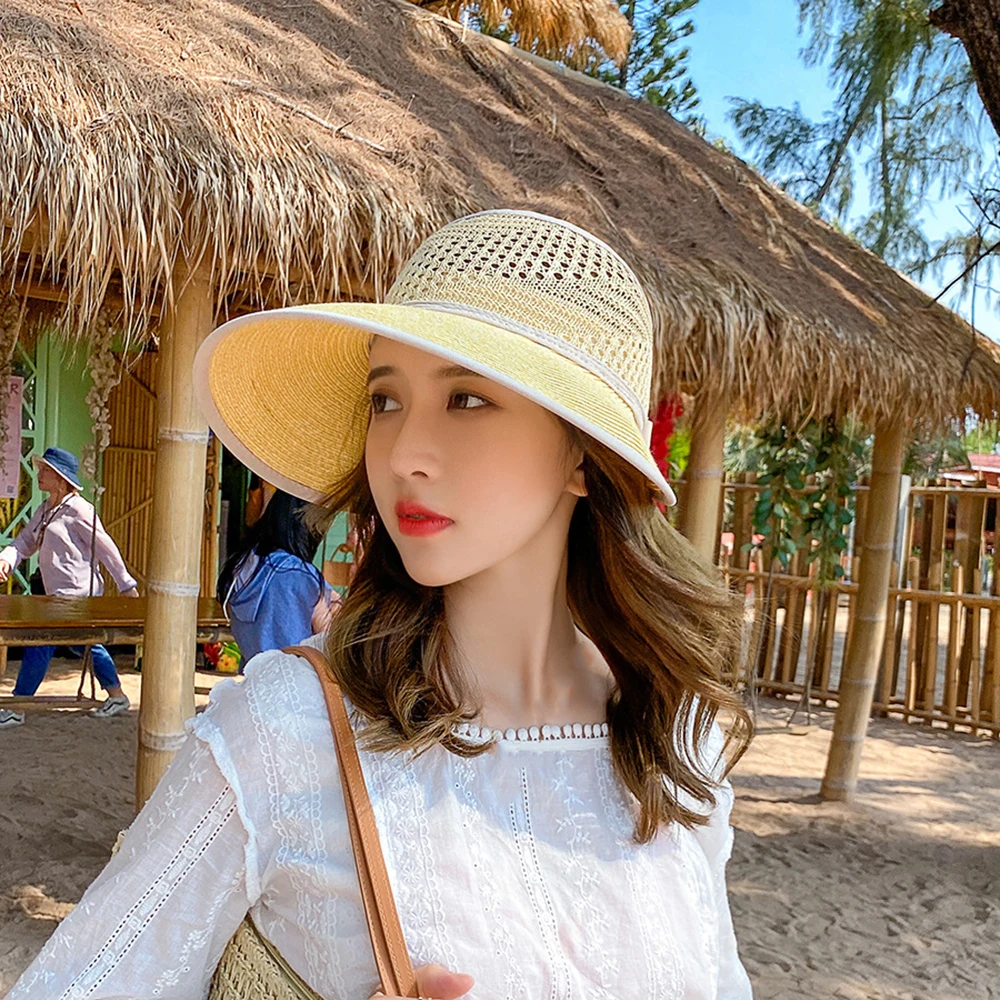 

Elegant Style Foldable Summer New Women's Sun Hat Bucket Cap Beige Bowknot Flowers Ribbon Flat Top Soft Straw Hat Beach Caps