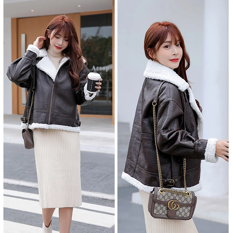 

2020 New Women's Winter Loose Lamb Fur Coat Women Fluffy Jacket Women Faux Fur Lamb CoatTurtleneck motorcycle leather P1H