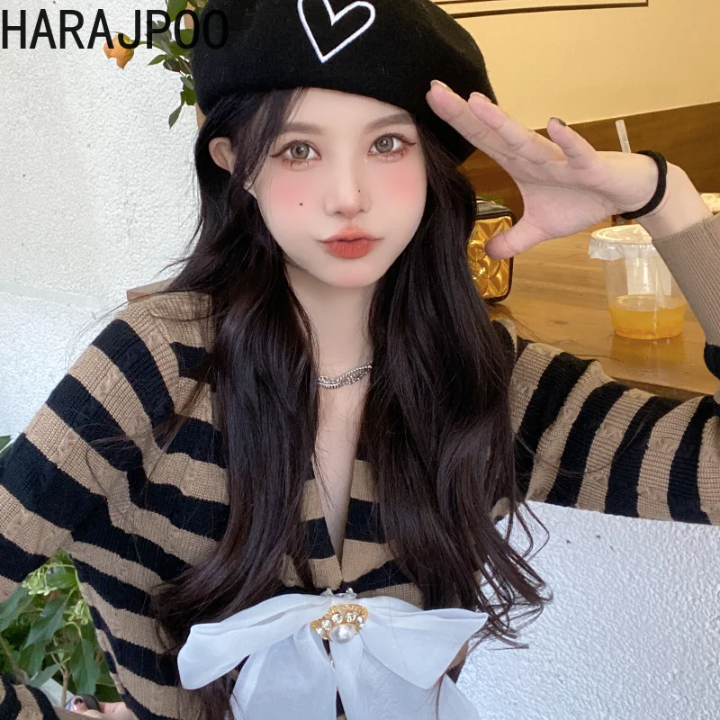 

Женский вязаный кардиган Harajpoo в полоску с бантом, осень 2021, вязаный укороченный свитер, Модный облегающий Топ с длинным рукавом и V-образным ...