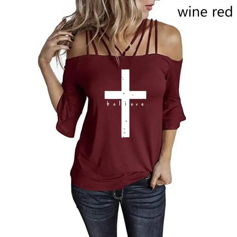 

Faith Cross T Shirt Vintage Hipster Jesus Religion Tshirt Women Off Shoulder Slings Catholic Christian Bible Top Tee