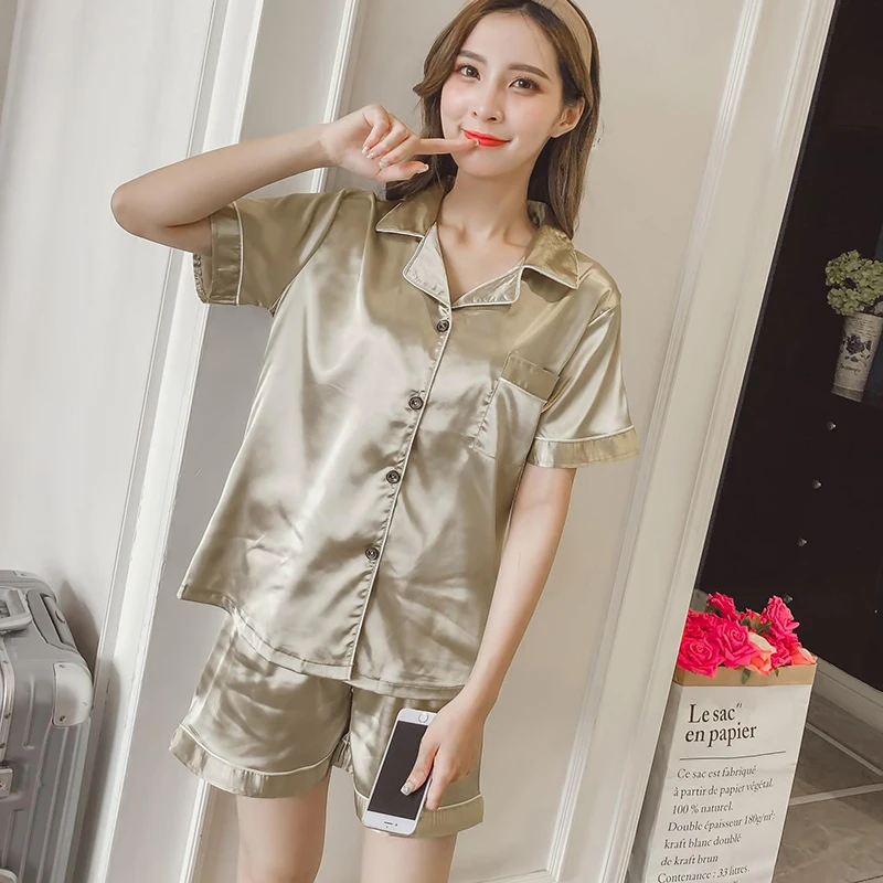 

Summer Women's Sleepwear Loungewear Two Piece Satin Pajamas Set Short Sleeve Button-Down Top + Pants Nighties Home Wear