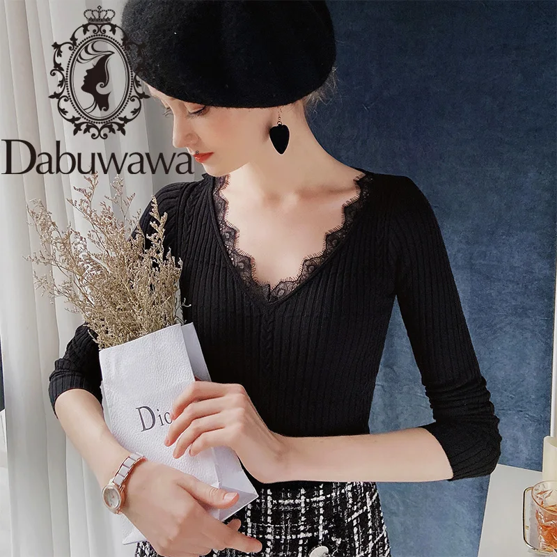 

Dabuwawa Lace V-Neck Pullover Sweater Women Autumn Winter Long Sleeve Basic Solid Knit Sweater Female Slim Fit DT1DJS006