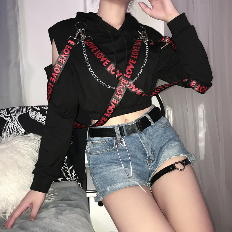 Sweetown черные панк готические женские толстовки с металлическими цепочками с вырезами с длинным рукавом Женские s кроп Толстовки Кофты Уличная