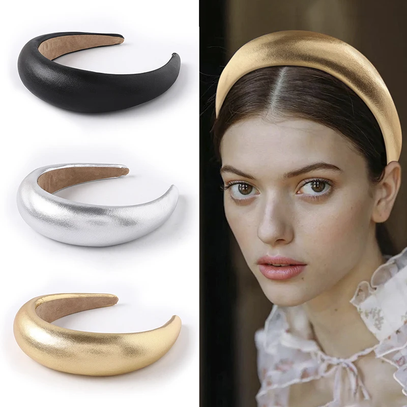 

2021 Women PU Padded Wide Sponge Headband Solid Sweet Gold Silver Color Hair Hoop Vintage Party Stretchy Thick Headpiece