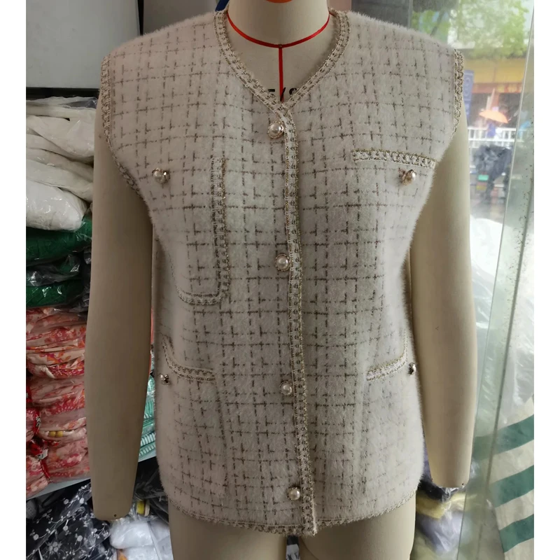 

Spring Autumn Women Woolen Check Knit Cardigan Top Single-Breasted Waistcoat Knitted Sweater Vest Sleeveless Oversized Jacket