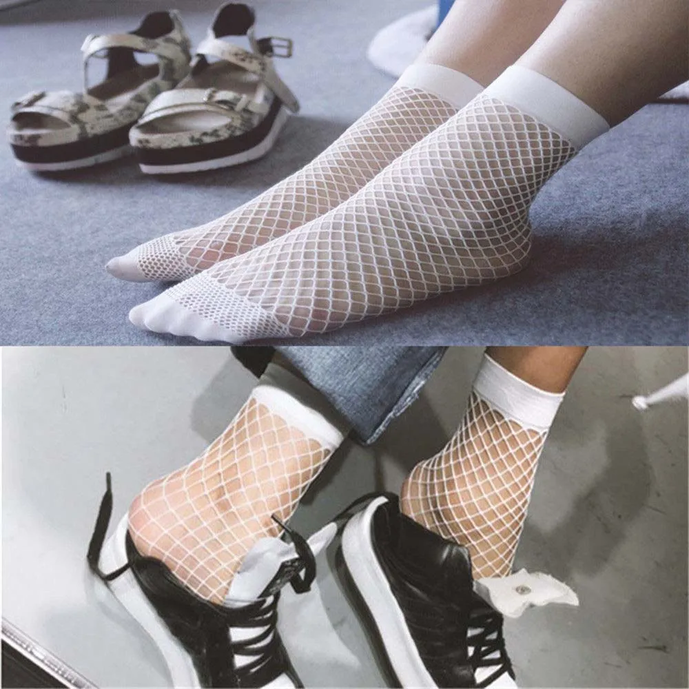 New 1Pair White Hollow Fish Net Sock Lady Girl Short Ankle High Mesh Lace Soild Women's 2021 New Fashion Nylon Spandex Material