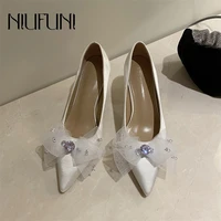 niufuni mesh bow silk womens pumps stiletto high heels shoes pointed toe female shoes rhinestone woman shoes sexy wedding shoes