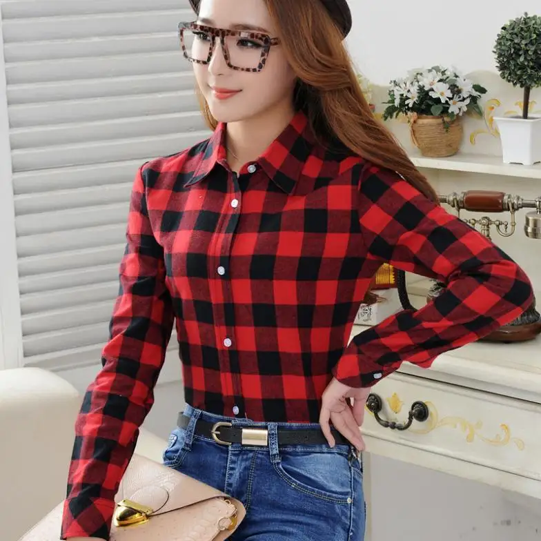 Women Plaid Shirt Checks Flannel Female Long Sleeve Tops Blouse 2019 Spring New Fashion Casual Lapel Plus Size 4XL Blouses | Женская