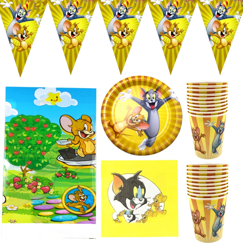 

51pcs/lot Tom Cat Jerry Mouse Theme Napkins Tablecloth Happy Birthday Party Plates Cups Decoration Flags Kids Boys Favors Banner