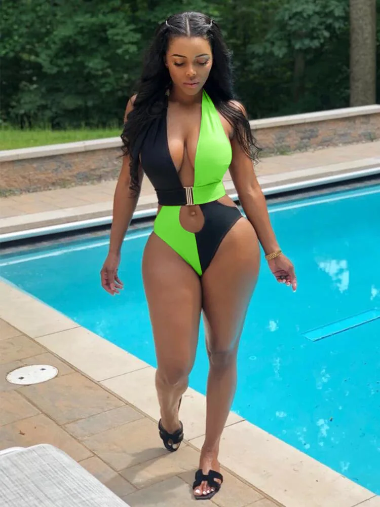 

Women's sexy backless stitching solid color one-piece swimsuit bikini 2021