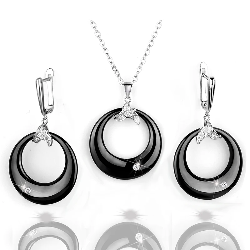 Черно-белые серьги и кулон ювелирный набор с камнем для женщин bijoux mariage из нержавеющей стали Белые керамические серьги свадебный набор - Окраска металла: Black Set
