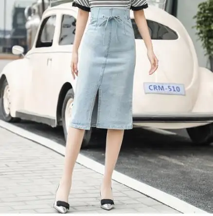 Женская джинсовая юбка летняя с высокой талией миди на завязках Повседневная