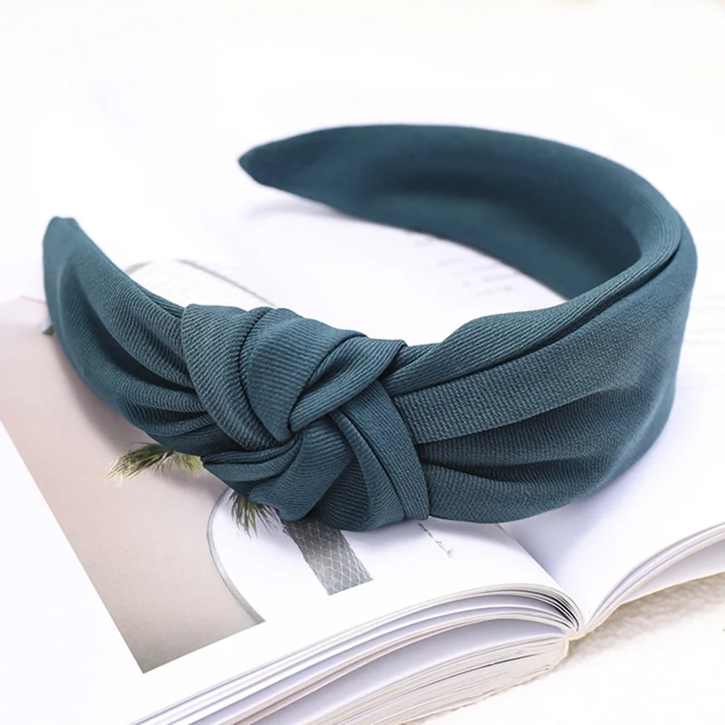 dark green Корейская элегантная женская однотонная лента для волос с боковым верхом и узлом, женские модные аксессуары для волос, милая тканевая широкая повязка на голову для девушек - Цвет: dark green